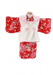 1〜2歳女の子用 被布 No.81 H |【被布】白色 【着物】赤色 桜に毬【巻きスカート付】
